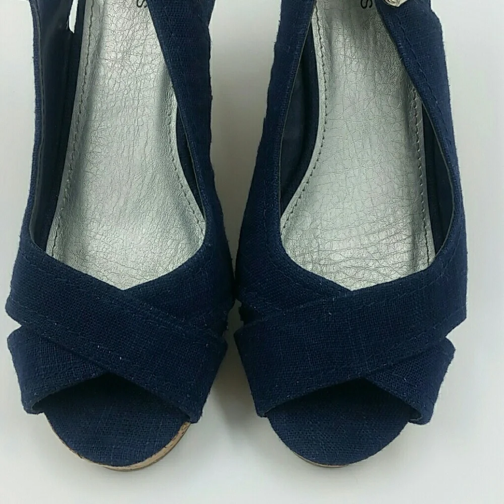 MAURICES l Navy Canvas Cork Peep Toe Wedge